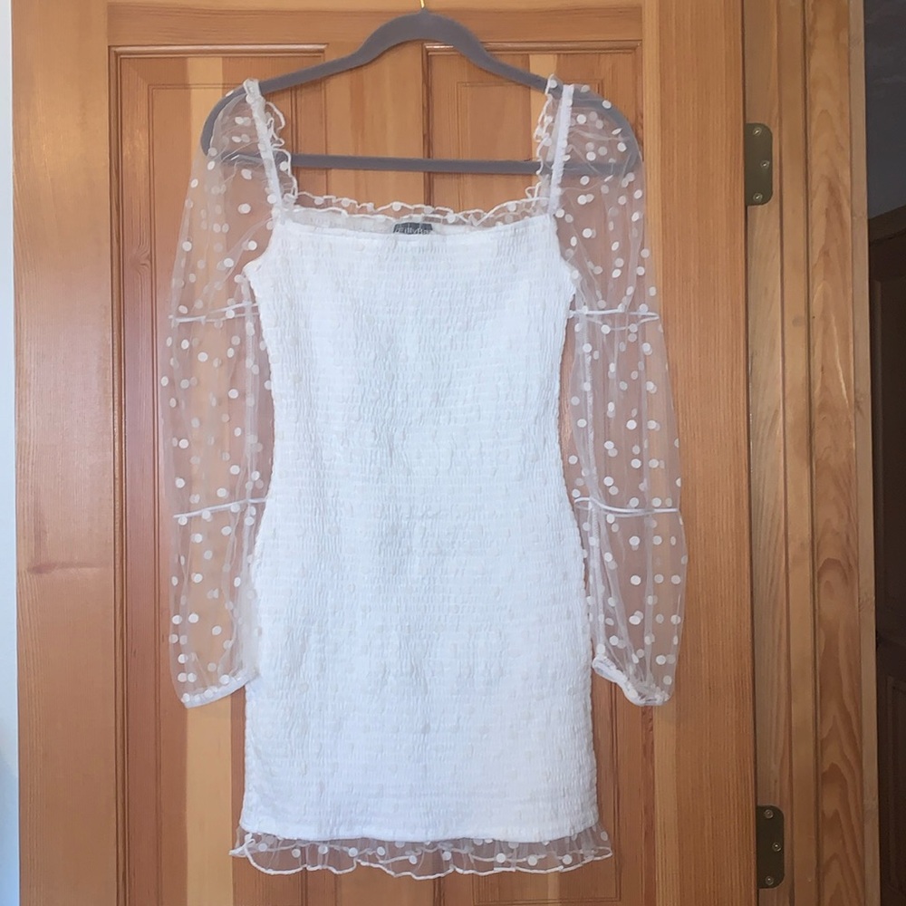 New Eilly Bazar White Mesh Polka Dot Dress. Size small